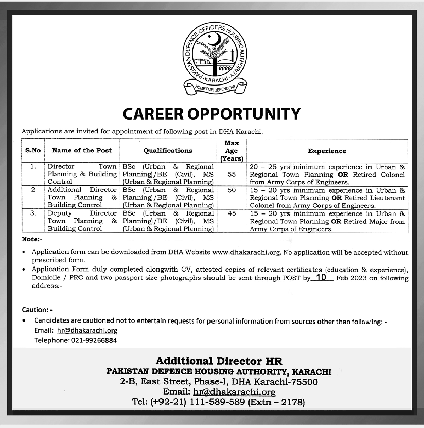 Pakistan Defence Housing Authority (DHA) Jobs 2023 in Karachi