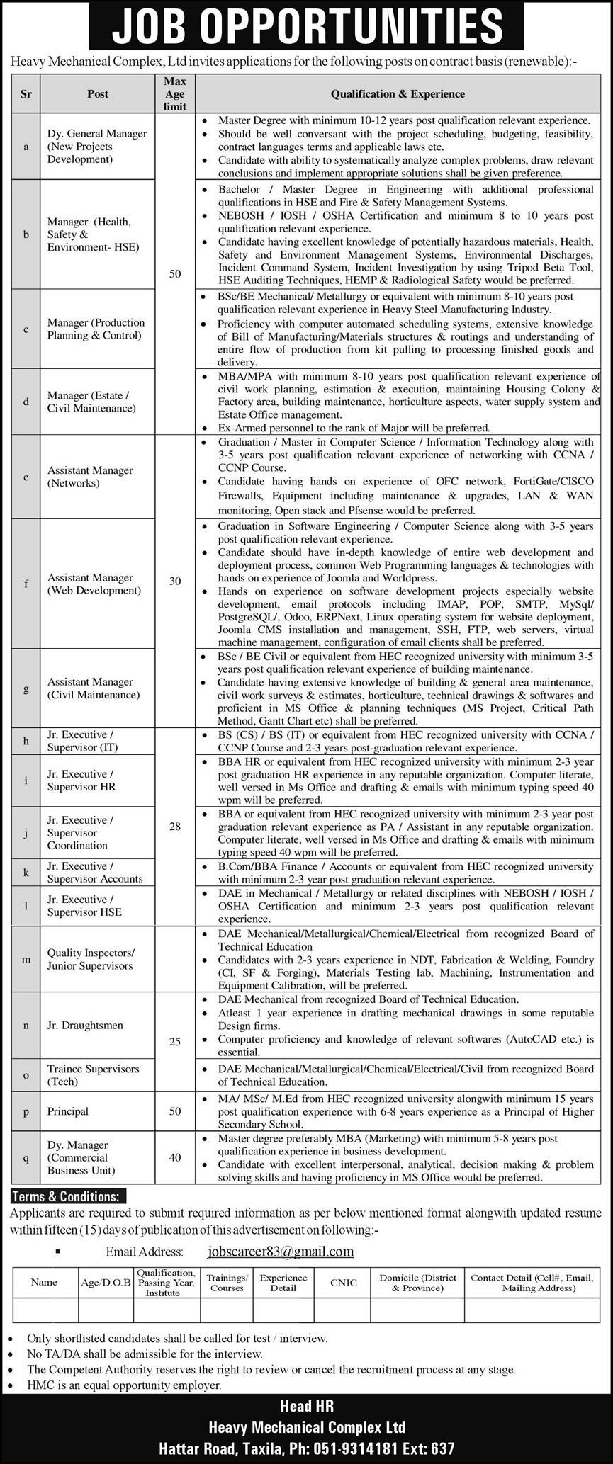 Heavy Mechanical Complex (HMC) Jobs 2023 in Taxila
