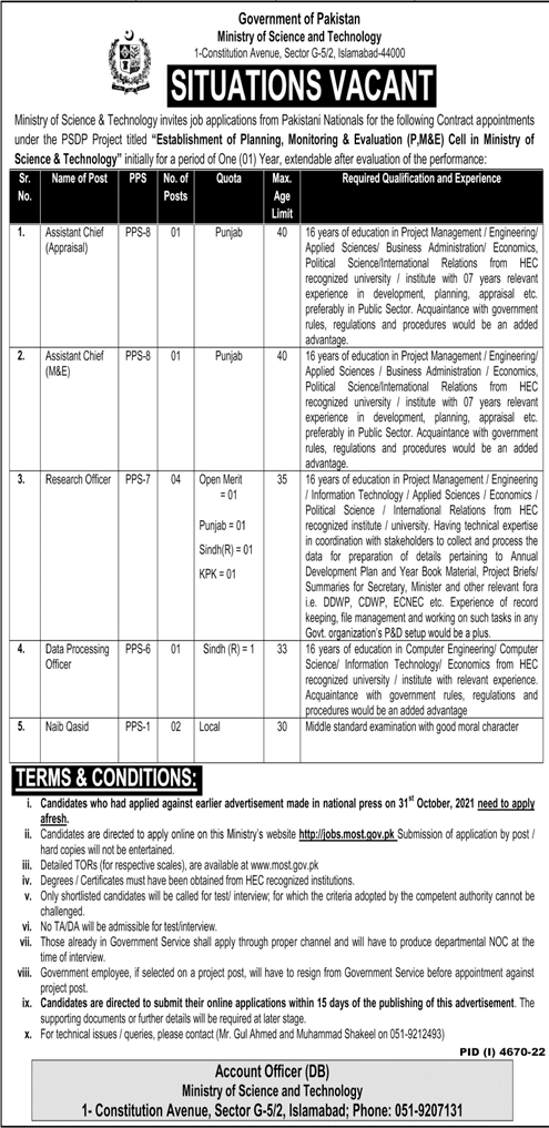 Ministry of Science and Technology Jobs 2023 in Islamabad