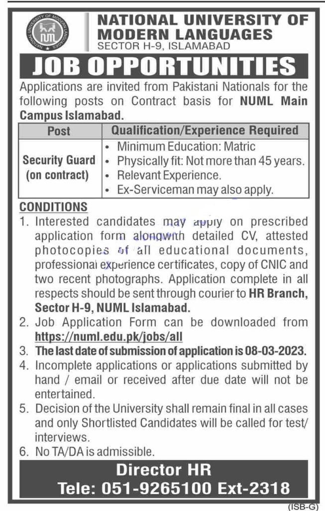 National University of Modern Languages (NUML) Jobs 2023 in Islamabad
