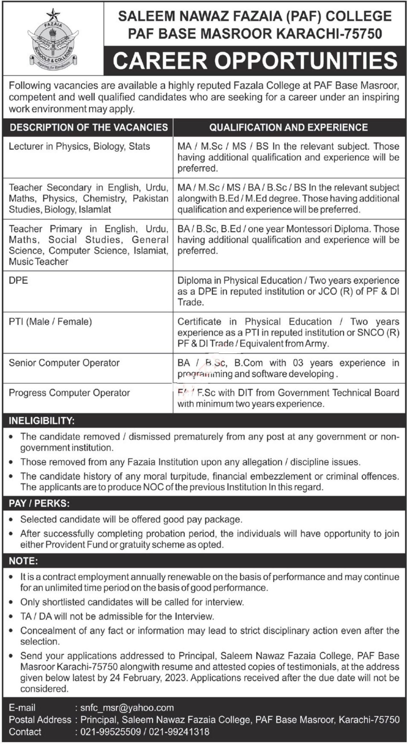 Pakistan Air Force PAF Fazaia College Jobs 2023 in Rawalpindi
