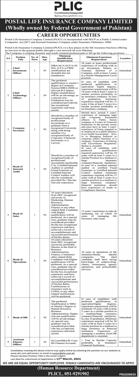 Postal Life Insurance Company (PLIC) Limited Jobs 2023