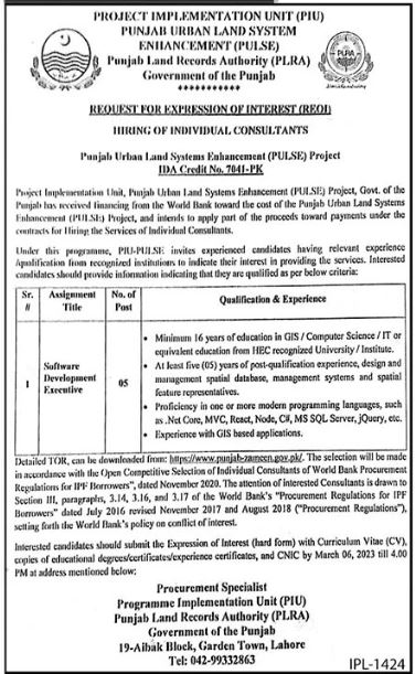 Punjab Land Records Authority (PLRA) Jobs 2023 in Lahore