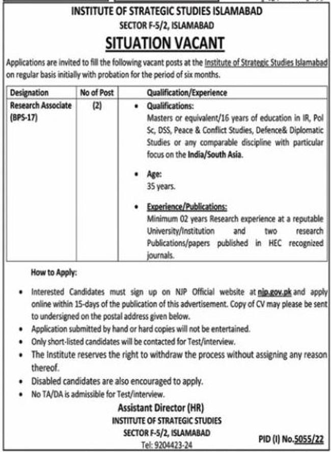 Institute of Strategic Studies Jobs 2023 in Islamabad