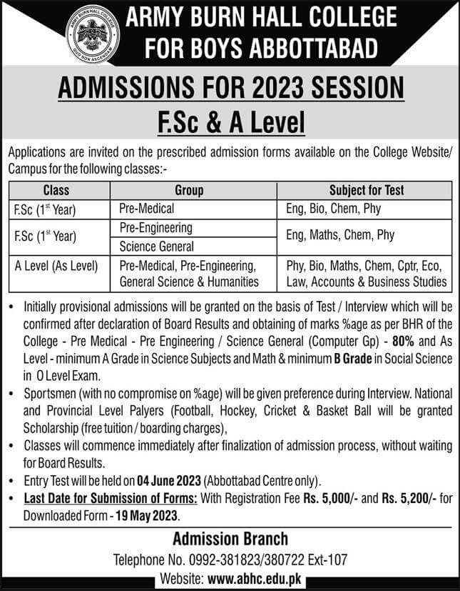 Army BURN Hall Boys College Admissions 2023 of in Abbottabad