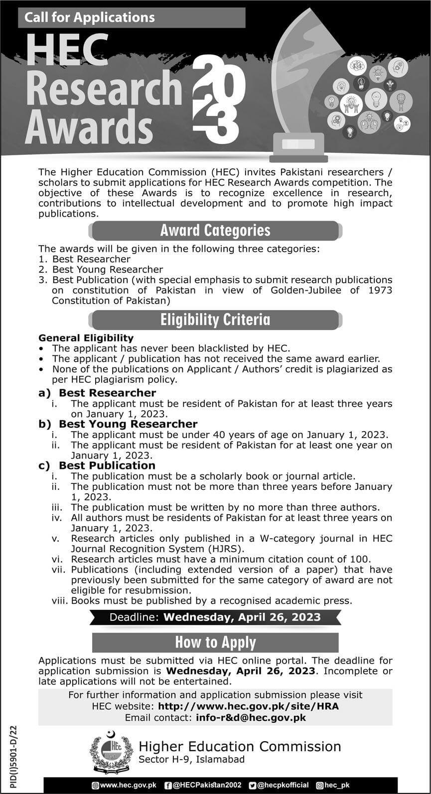 HEC Research Awards 2023 for Pakistani Researchers and Scholars