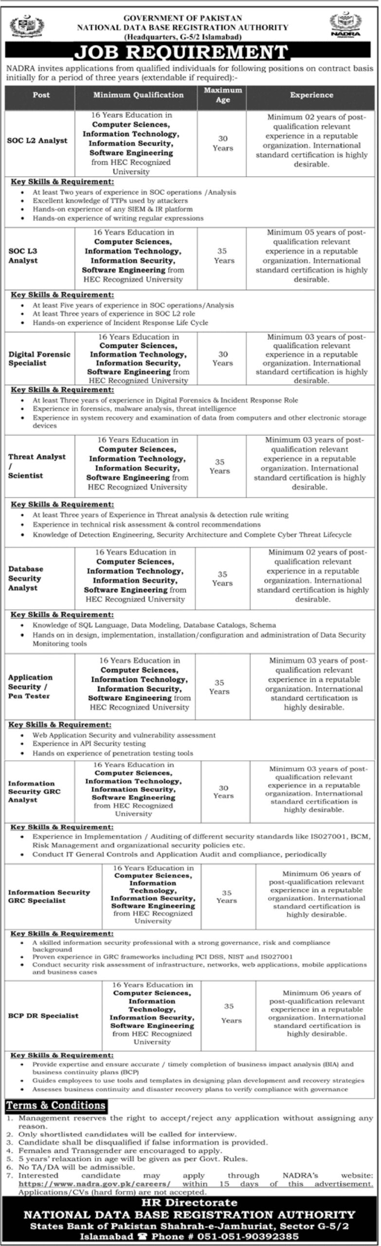 National Database and Registration Authority (NADRA) Jobs 2023 in Islamabad