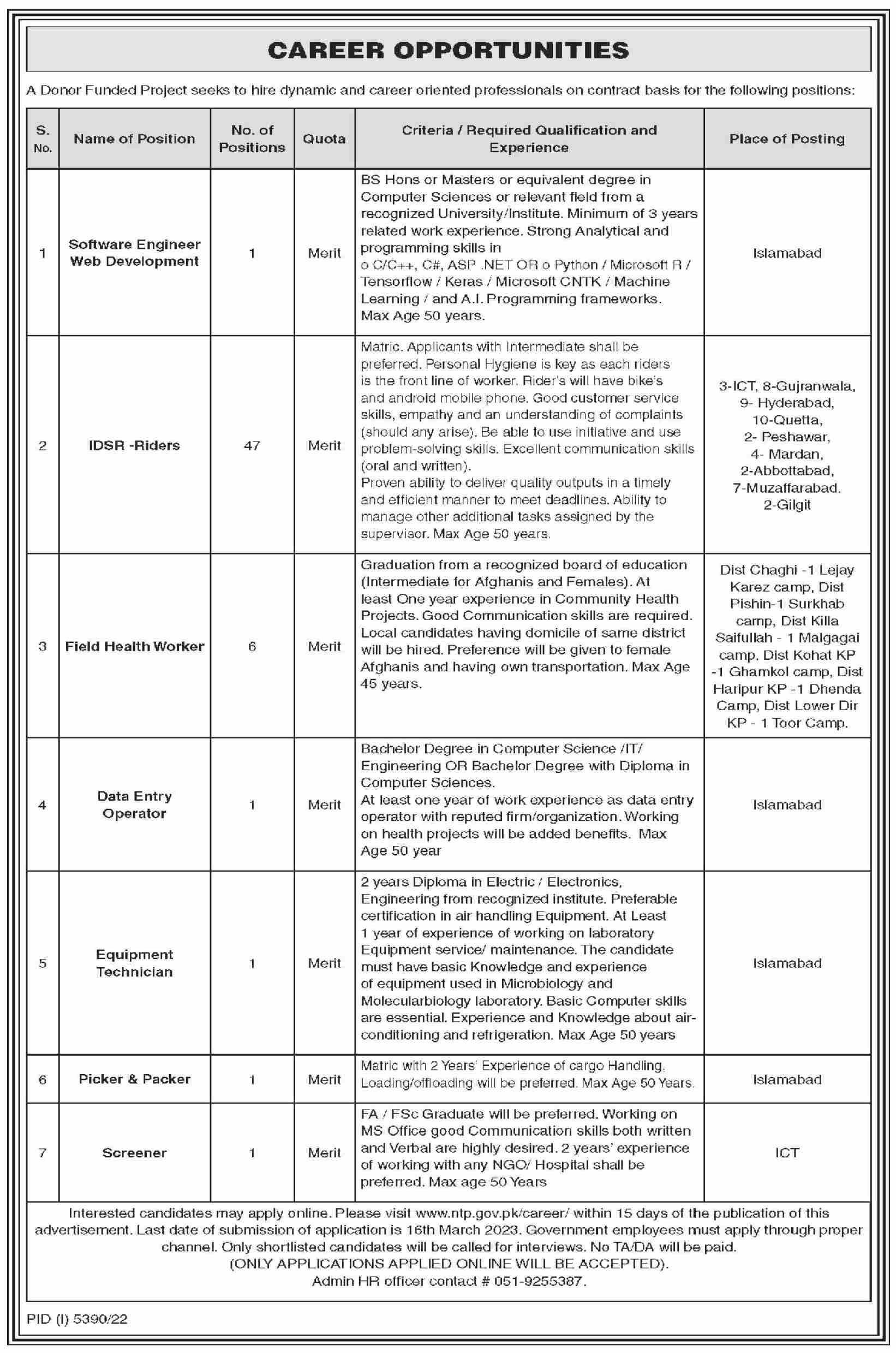 National TB Control Programme (NTP) Jobs 2023 in Pakistan