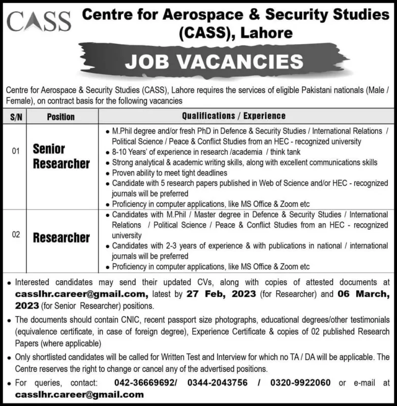Centre for Aerospace and Security Studies (CASS) Internship 2023 in Lahore