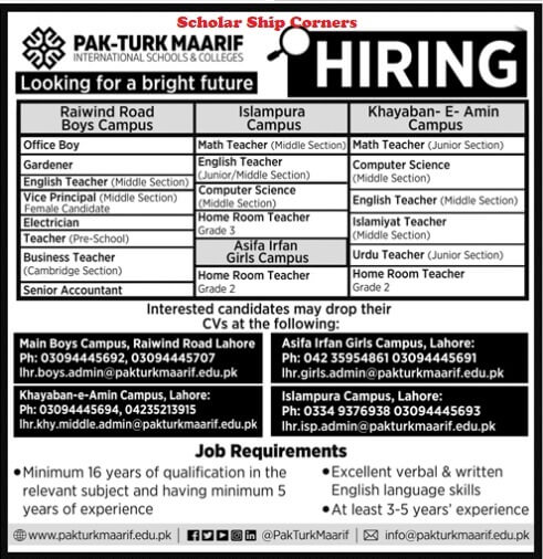 Pak Turk International College & School Jobs 2023 | Pak Turk Marif Jobs
