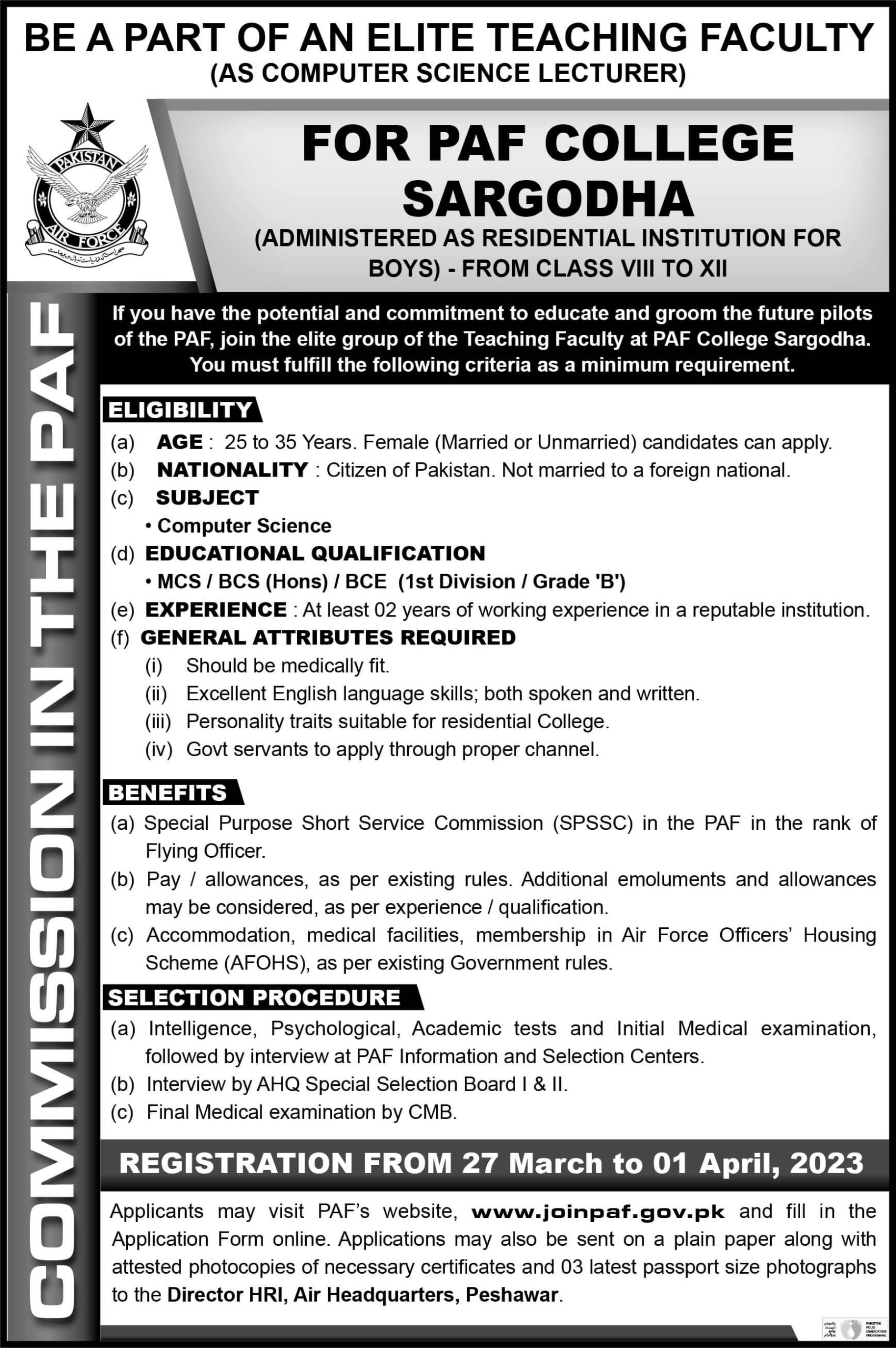 PAF Lecturer Job 2023 | Join PAF as Teaching Faculty PAF College Sargodha