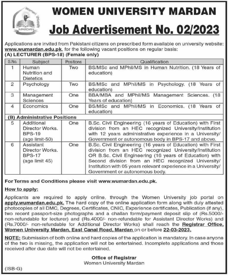 Women University Lecturer Jobs 2023 in Mardan