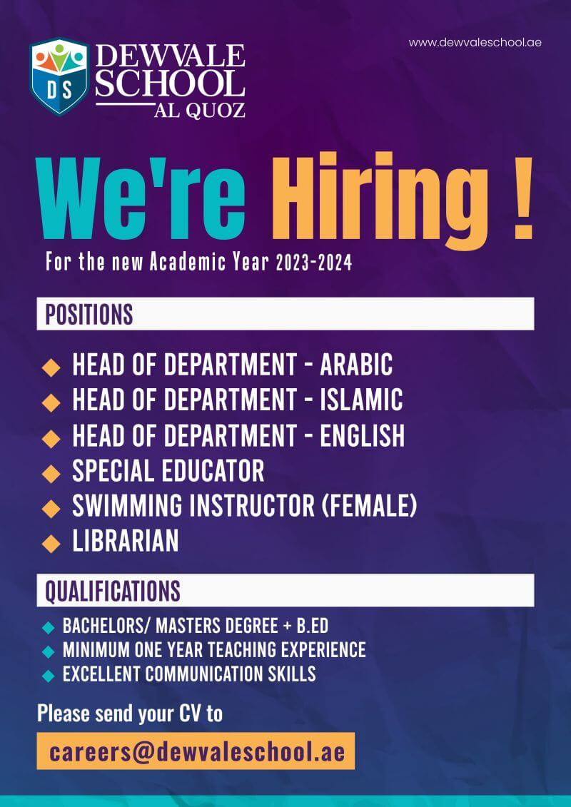 Dewvale School Teaching Jobs In UAE | Educators Jobs 2023 In Dubai