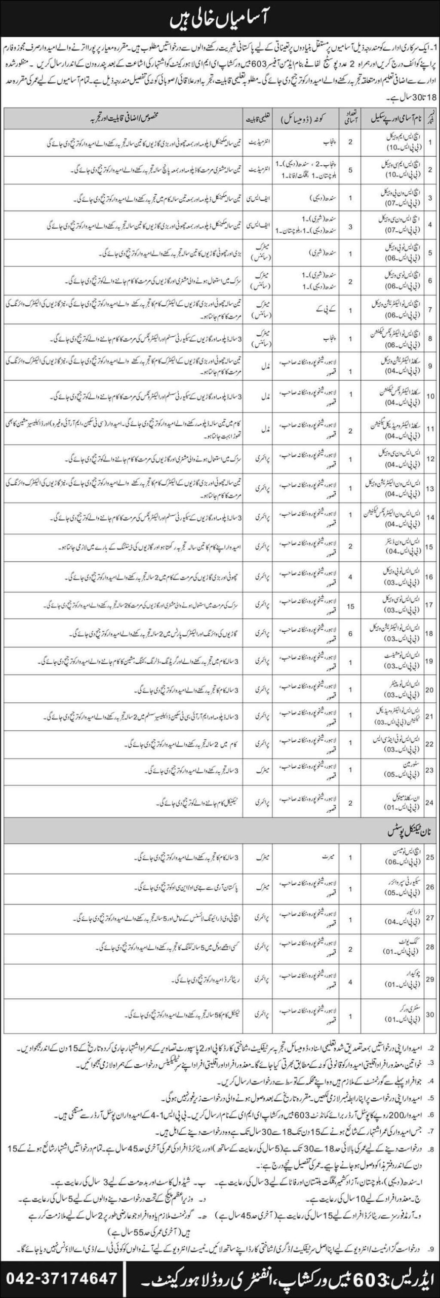 Pak Army 603 Base Workshop Lahore Cantt Jobs | Govt Jobs In Lahore
