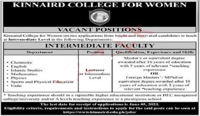 Kinnaird College Lecturer Jobs 2023 for Intermediate Level