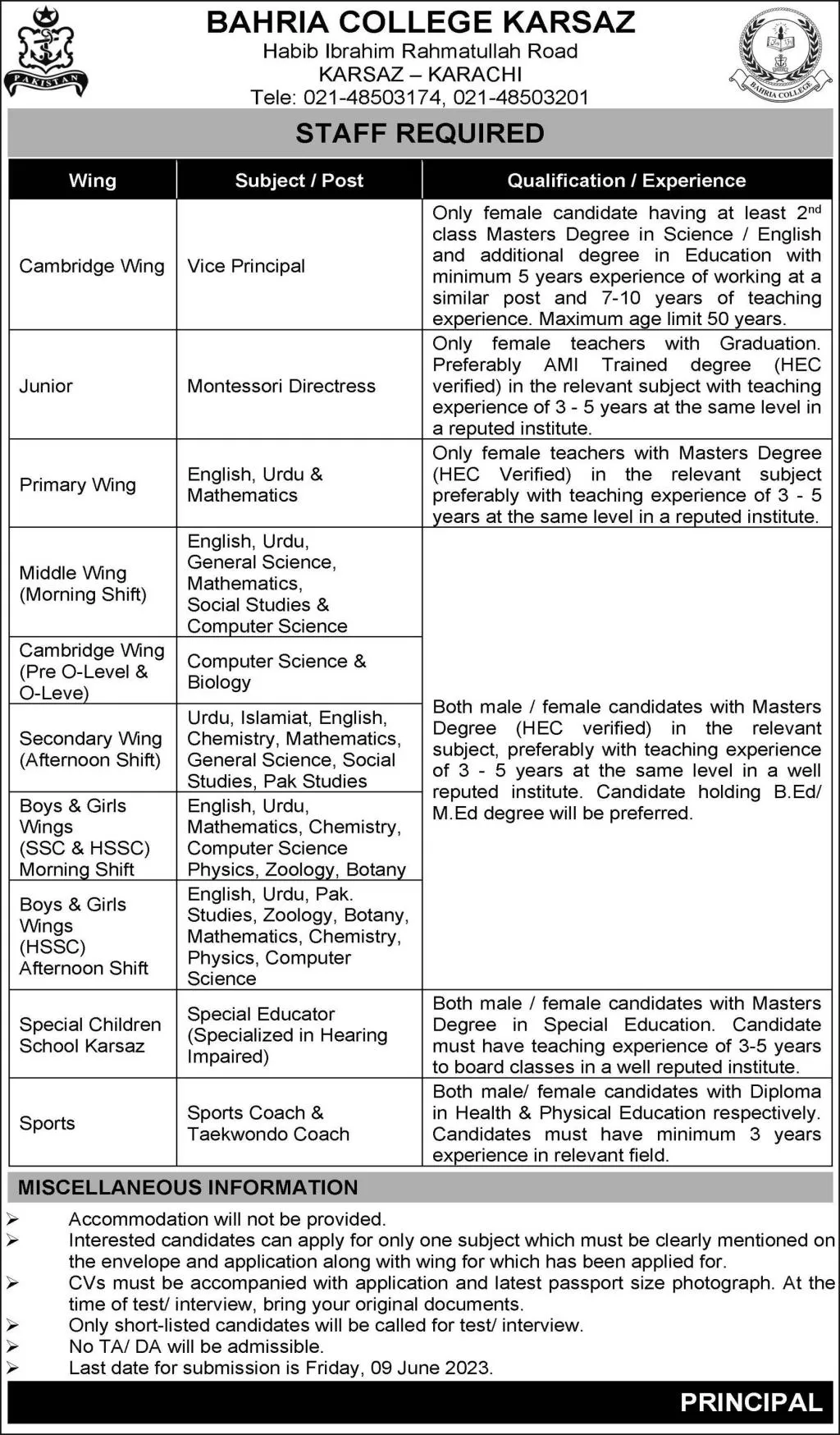 Bahria College Karsaz Teaching Staff Jobs 2023 in Karachi