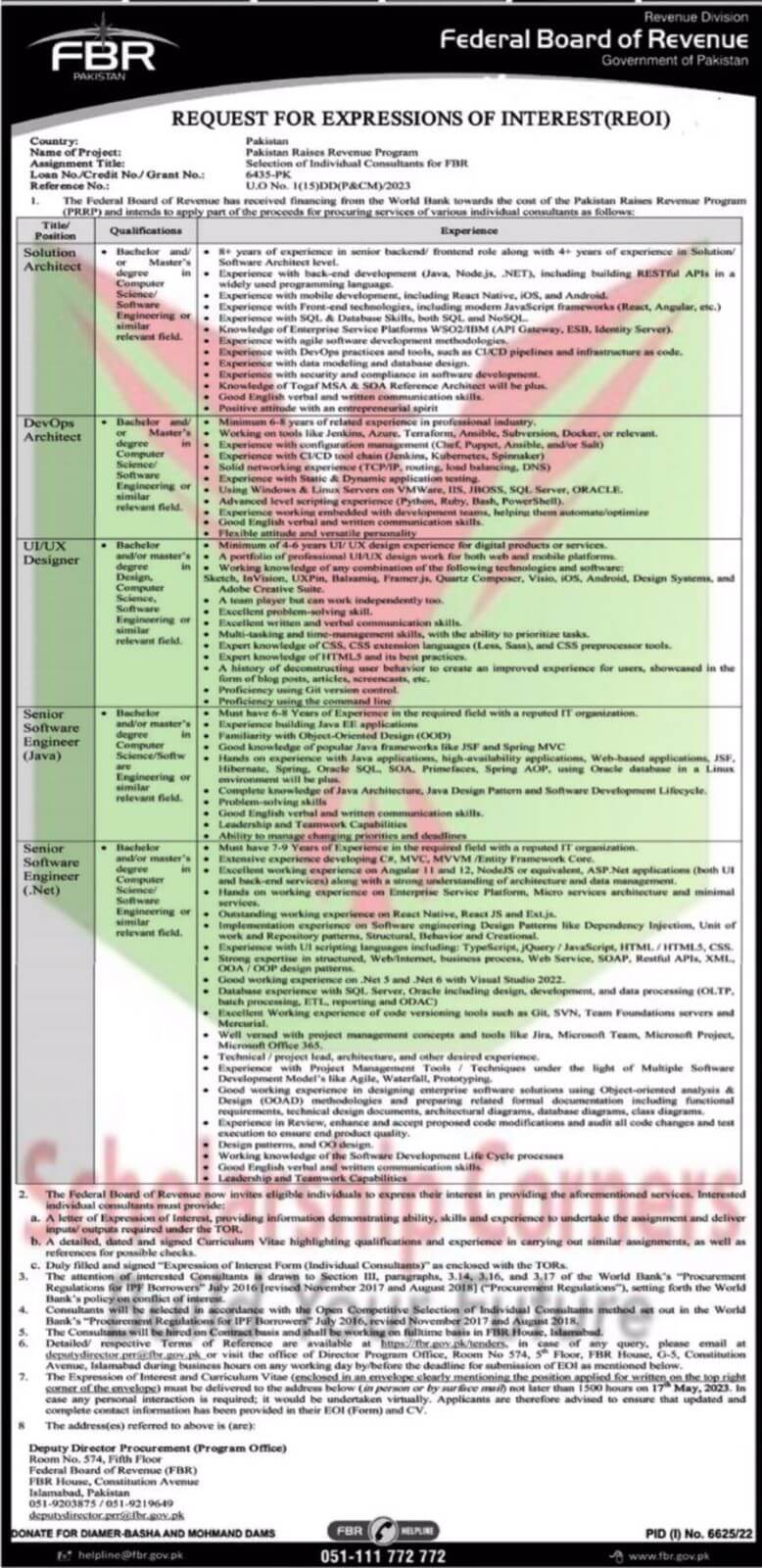 FBR Jobs May 2023 | Federal Board Of Revenue May Postings