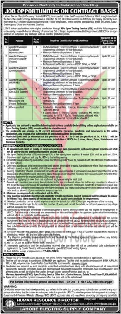 WAPDA LESCO New Jobs 2023 | LESCO OTS Careers 2023