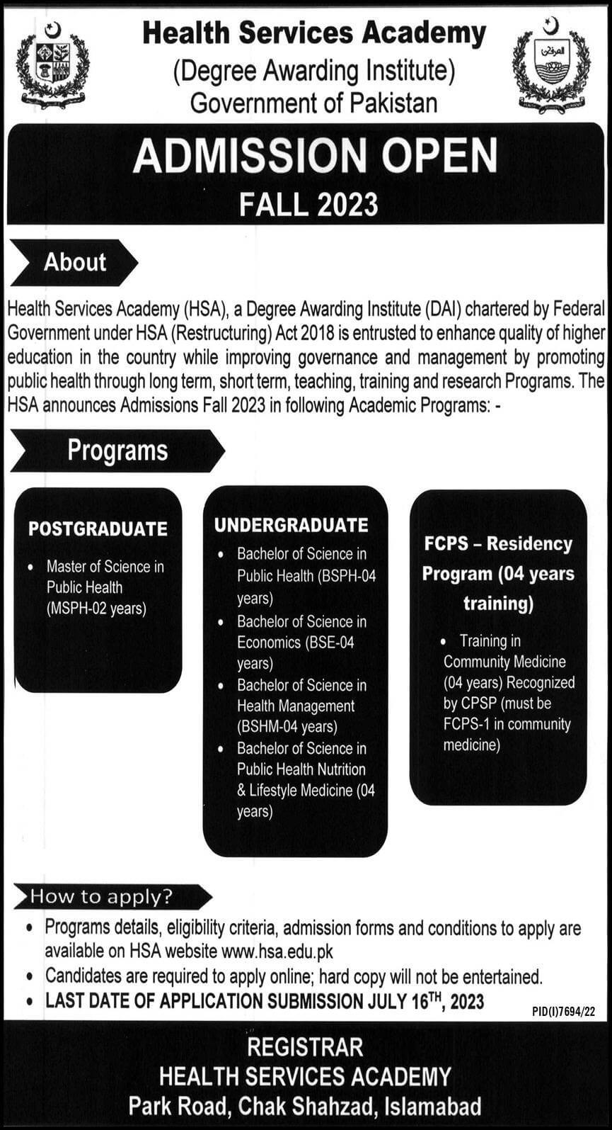 Health Service Academy admissions 2023