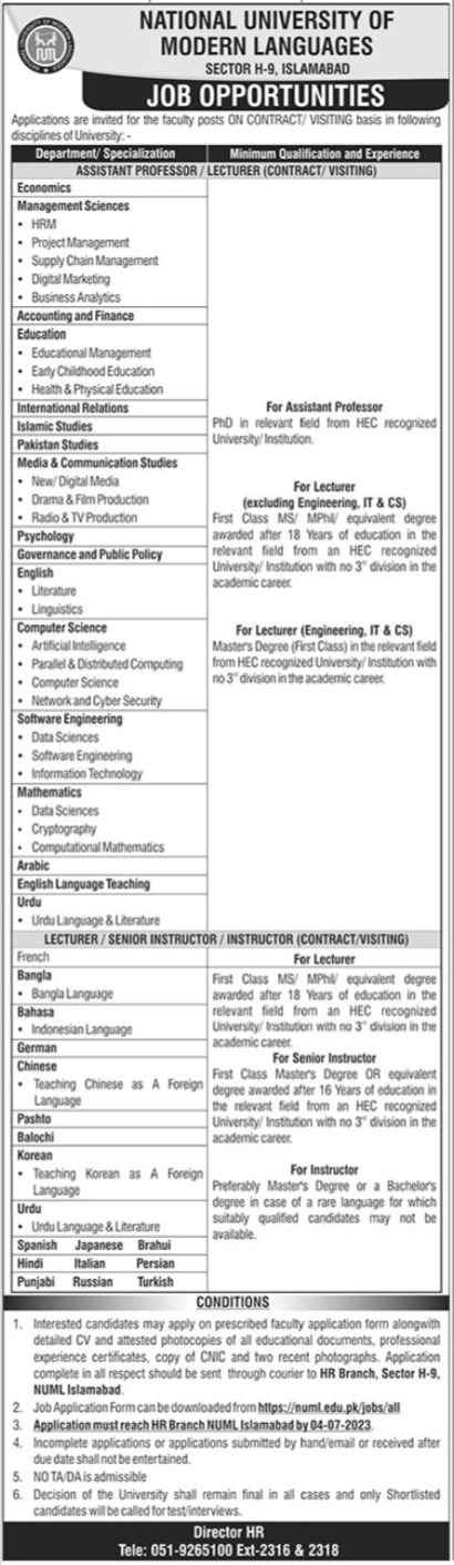 Numl University Lecturers Jobs 2023 in Islamabad | Apply Online