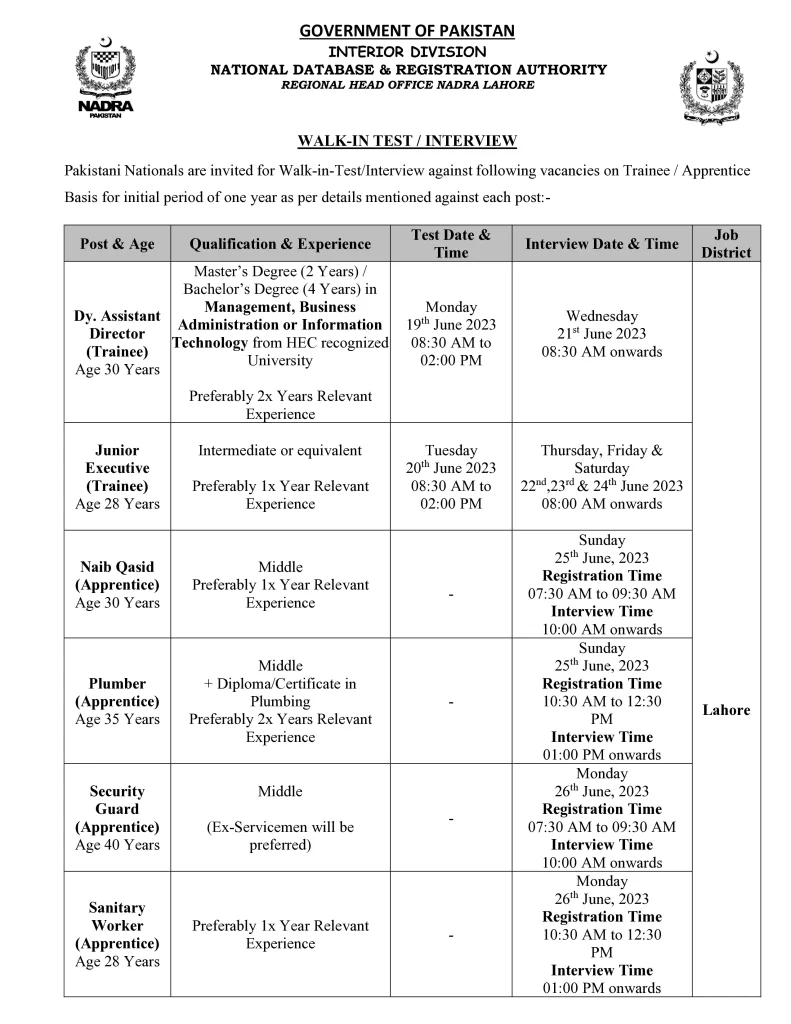 NADRA Jobs 2023 Walk-in-Interview in Lahore | Apply Online