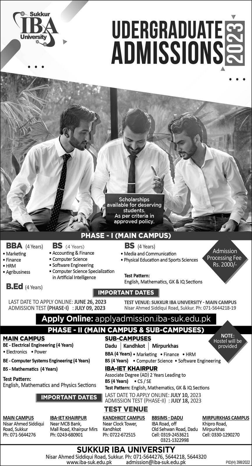 Sukkur IBA University Undergraduate Admissions Fall 2023 Advertisement
