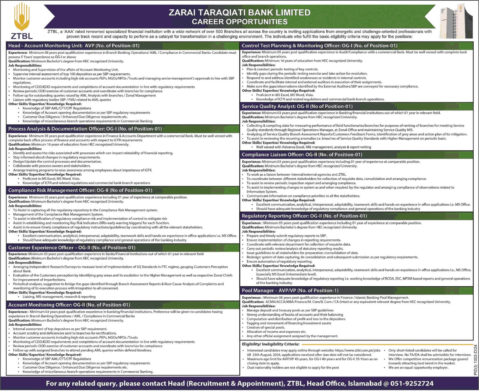 Zarai Taraqiati Bank Limited Latest Jobs 2024 | ZTBL Jobs 2024