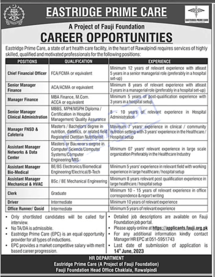 Eastridge Prime Care Jobs 2023 | Fauji Foundation Career Opportunities