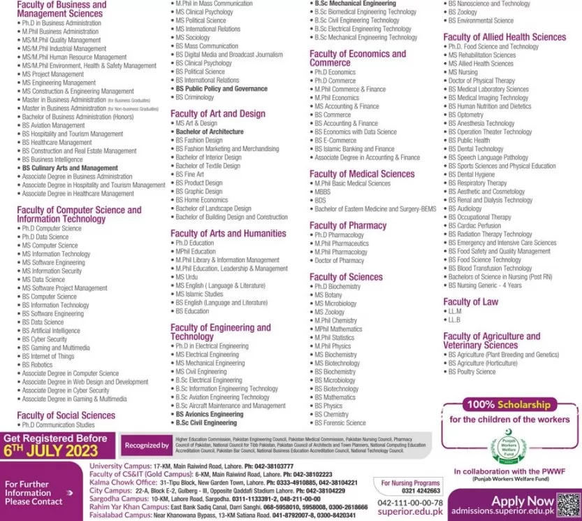 Superior University (SPU) admission 2023 in Lahore for BS Courses