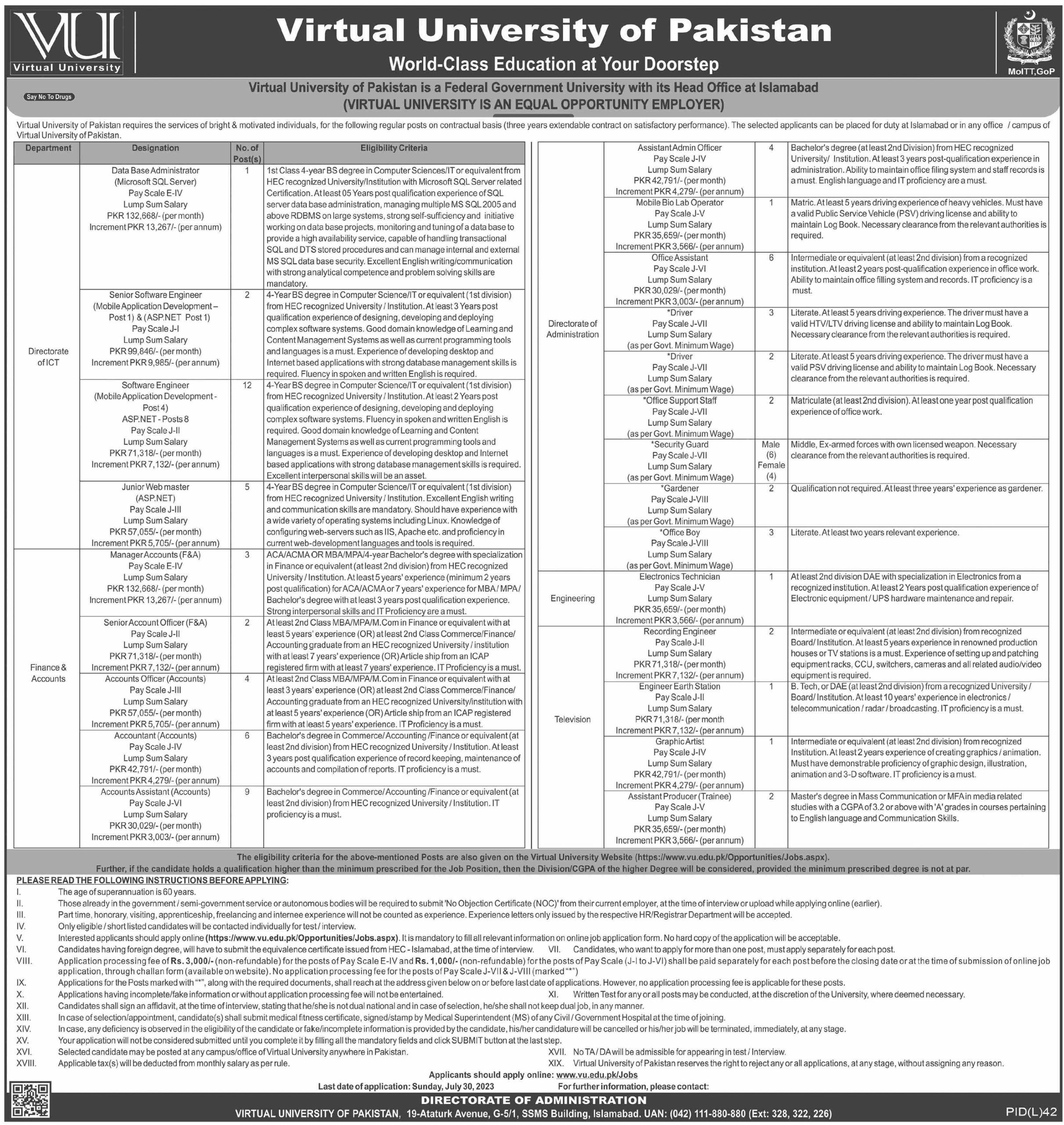 Virtual University VU Jobs 2023 in Islamabad for Non-Academic Staff