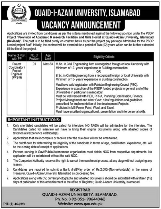 Quaid -I-Azam University (QAU) Jobs 2023 in Islamabad