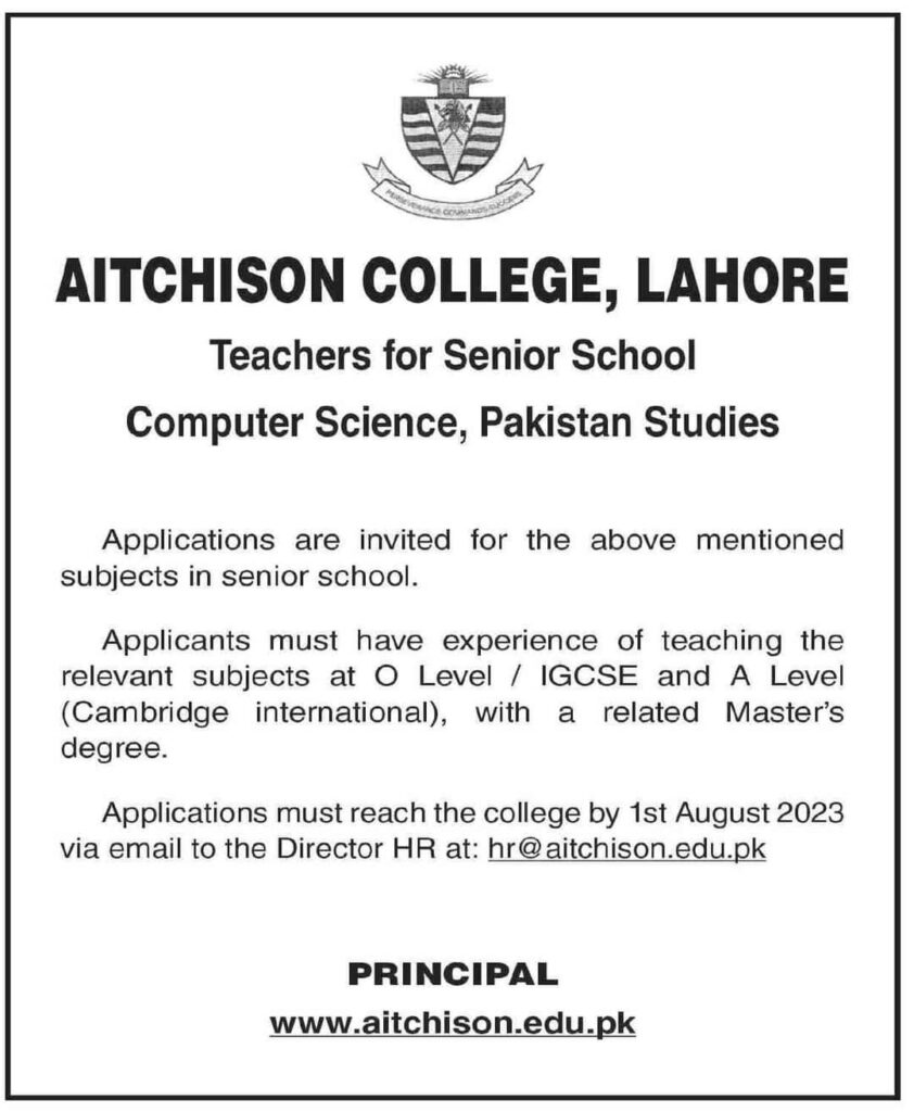 Aitchison College Teaching Jobs 2023 in Lahore | Apply Online