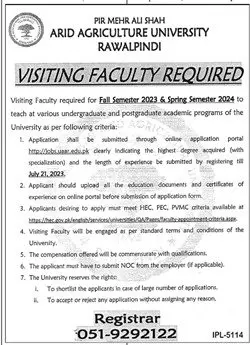 Arid Agriculture University Visiting Faculty Jobs 2023 in Rawalpindi