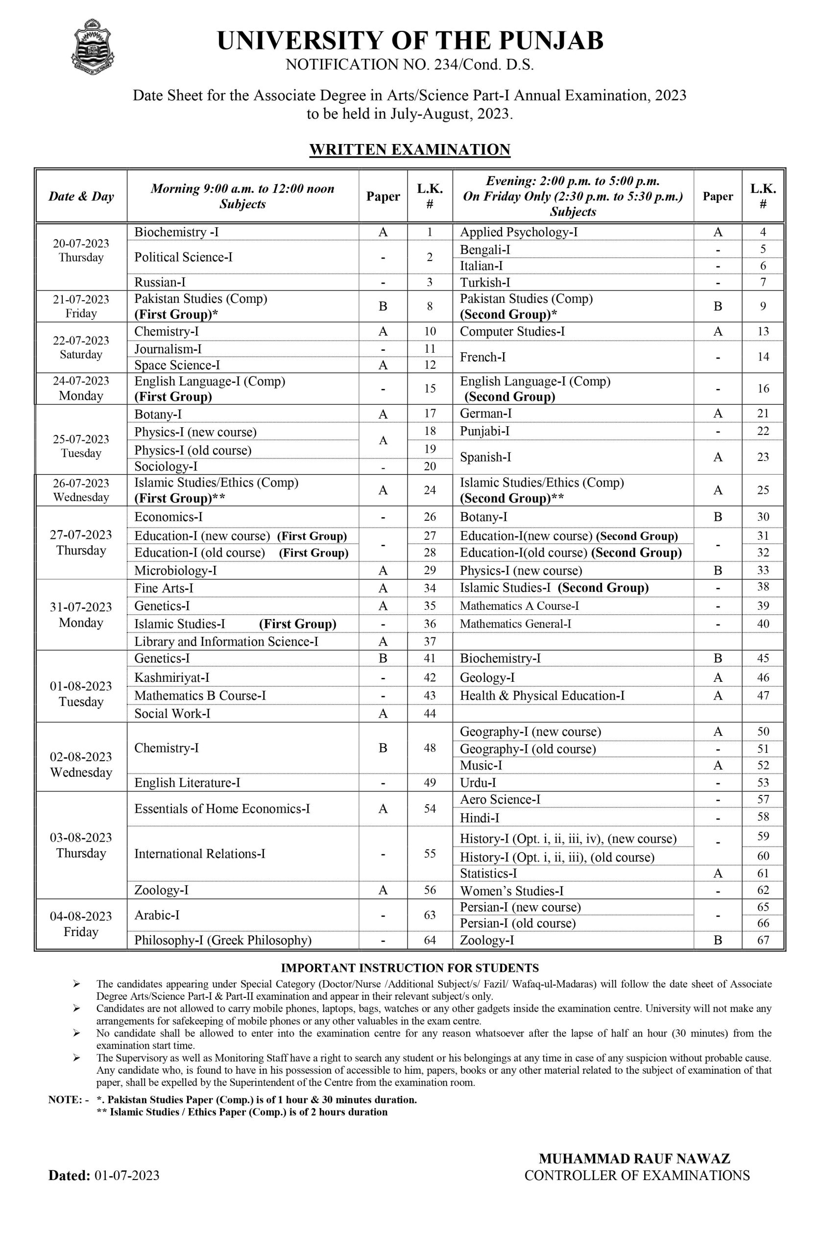Date Sheet of ADP Part-I Annual Examination Punjab University Lahore