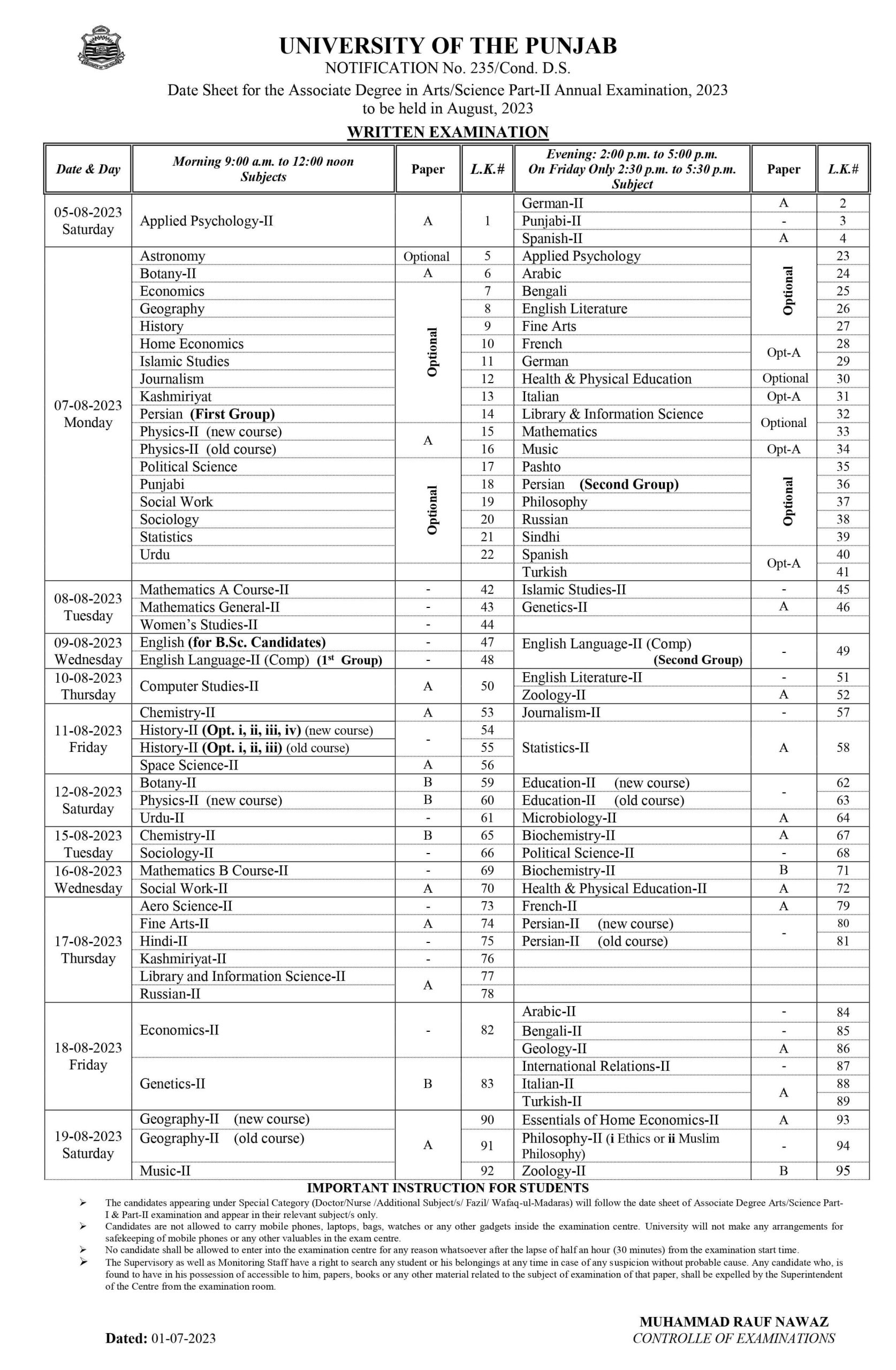Date Sheet of ADP Part-II Annual Examination Punjab University Lahore