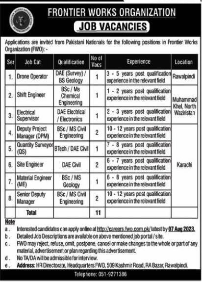 Frontier Works Organization (FWO) Jobs 2023 | Apply Online