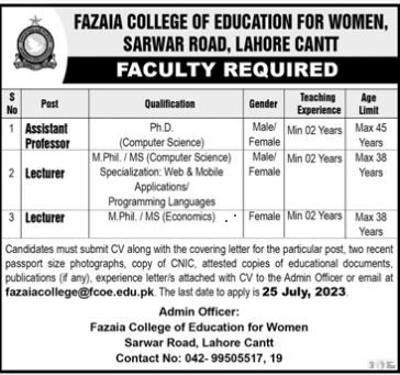 Fazaia College of Education for Women Jobs 2023 in Lahore Cantt