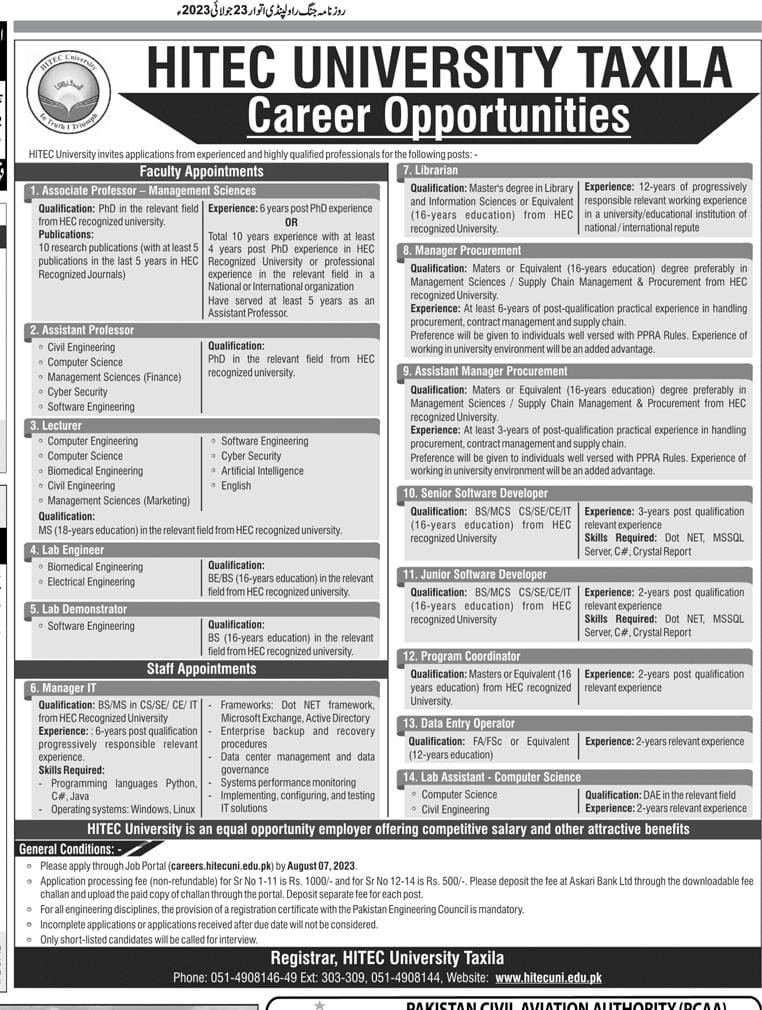 HITEC University Taxila Jobs 2023 in Pakistan | Apply Online