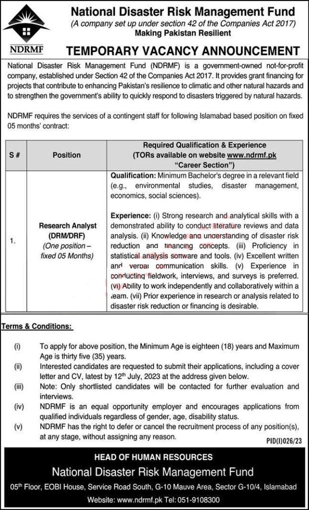 National Disaster Risk Management Fund Jobs 2023 in Islamabad