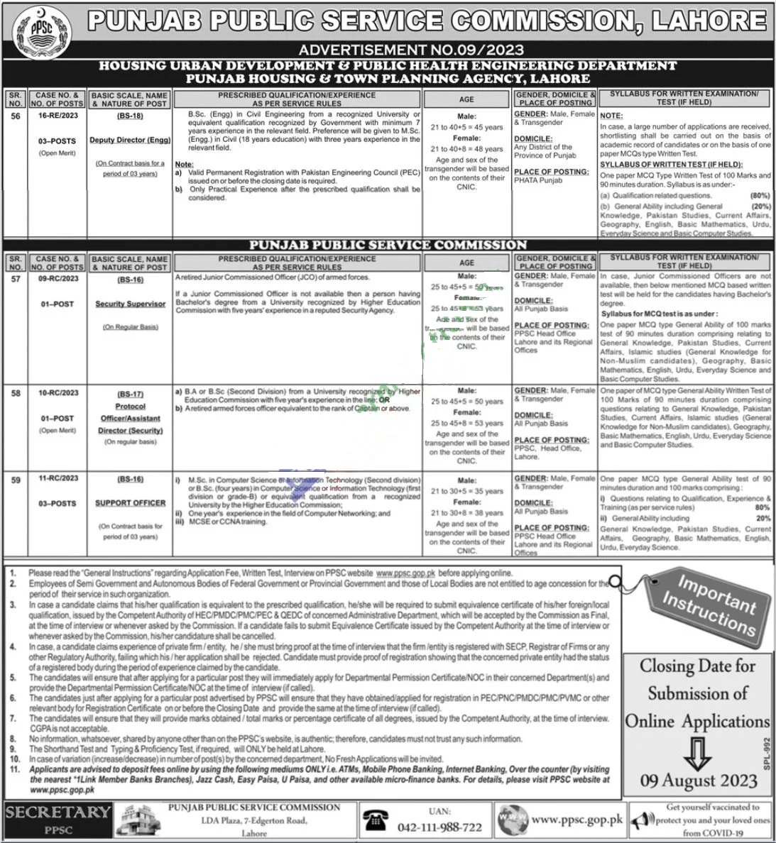 Punjab Public Service Commission (PPSC) Jobs 2023 Advertisement No. 9