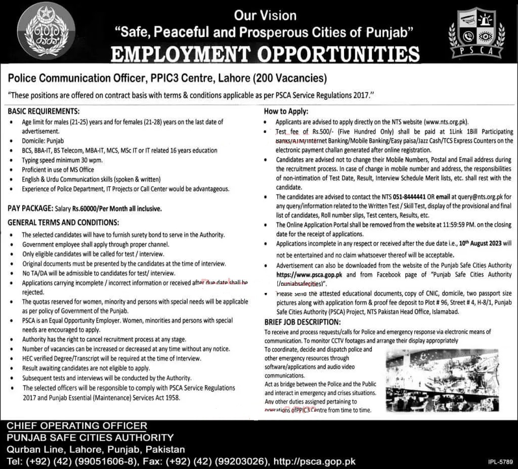 Punjab Safe Cities Authority (PSCA) Jobs 2023 | Apply via NTS