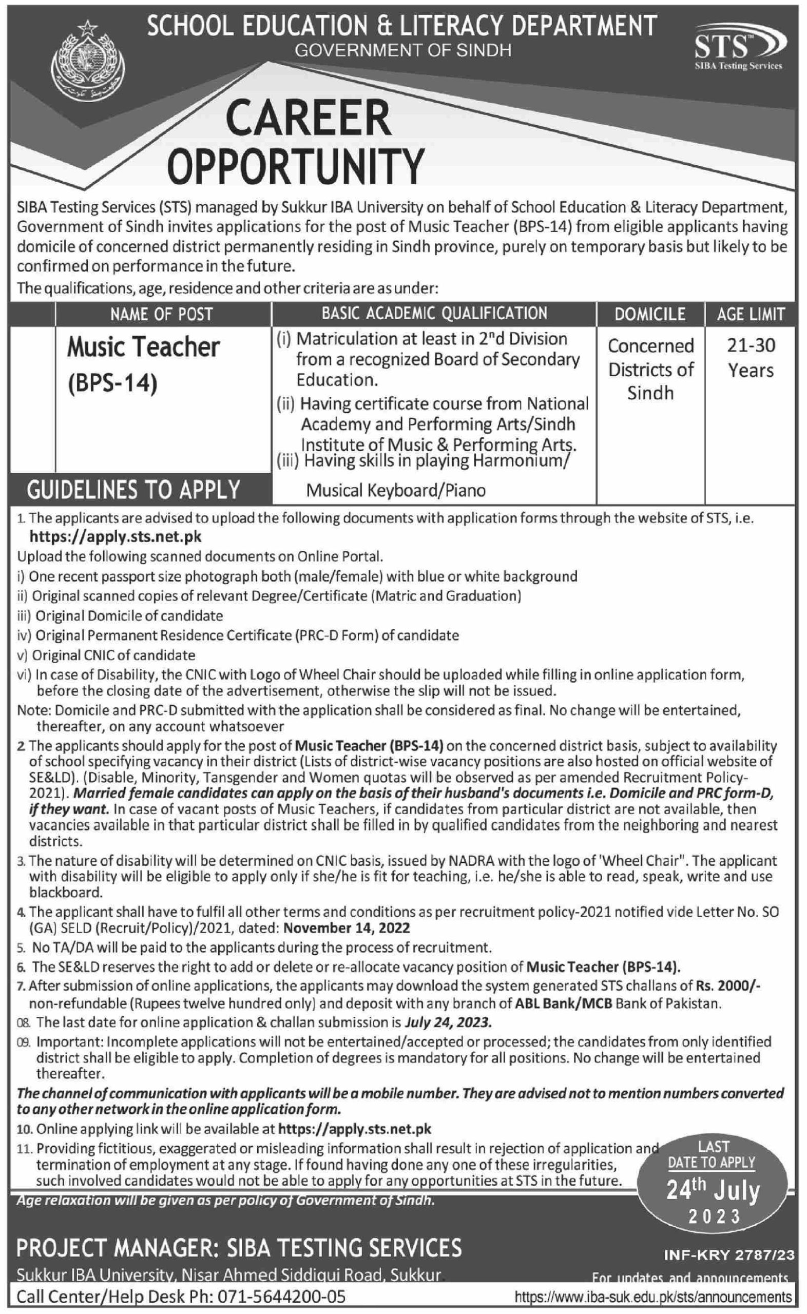 Music Teacher Jobs 2023 in Sindh (BPS-14) | Apply Online