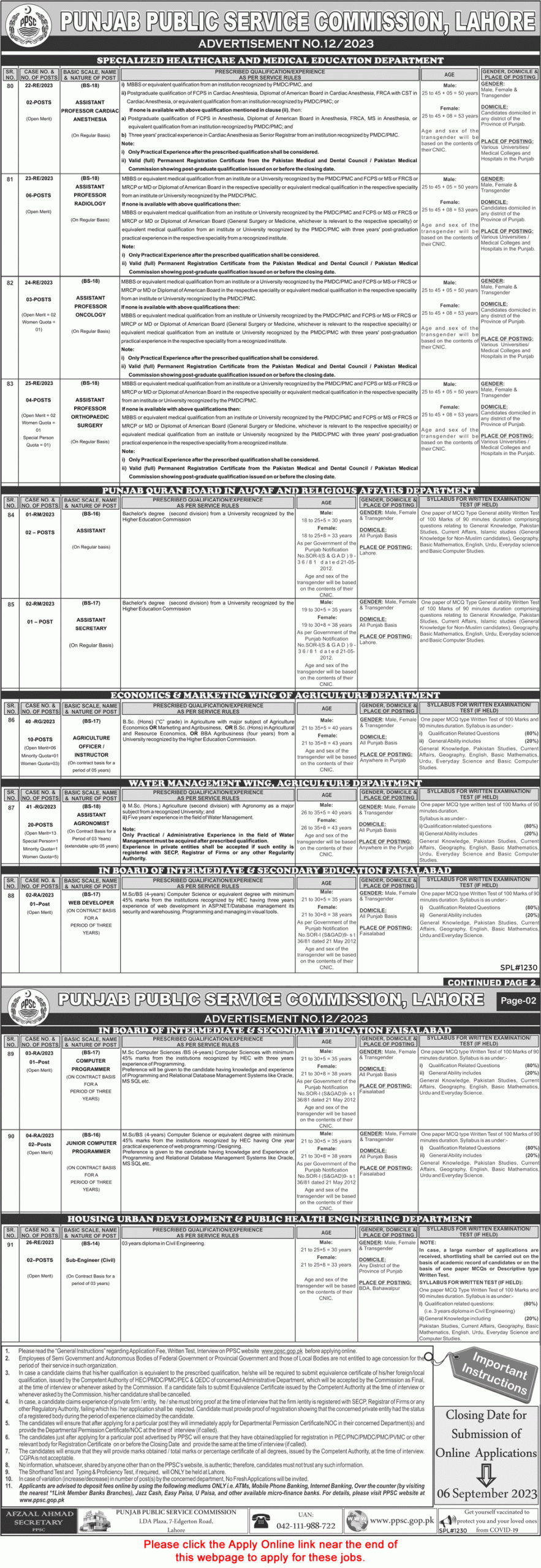 Punjab Public Service Commission (PPSC) Jobs Ad No. 12 /2023