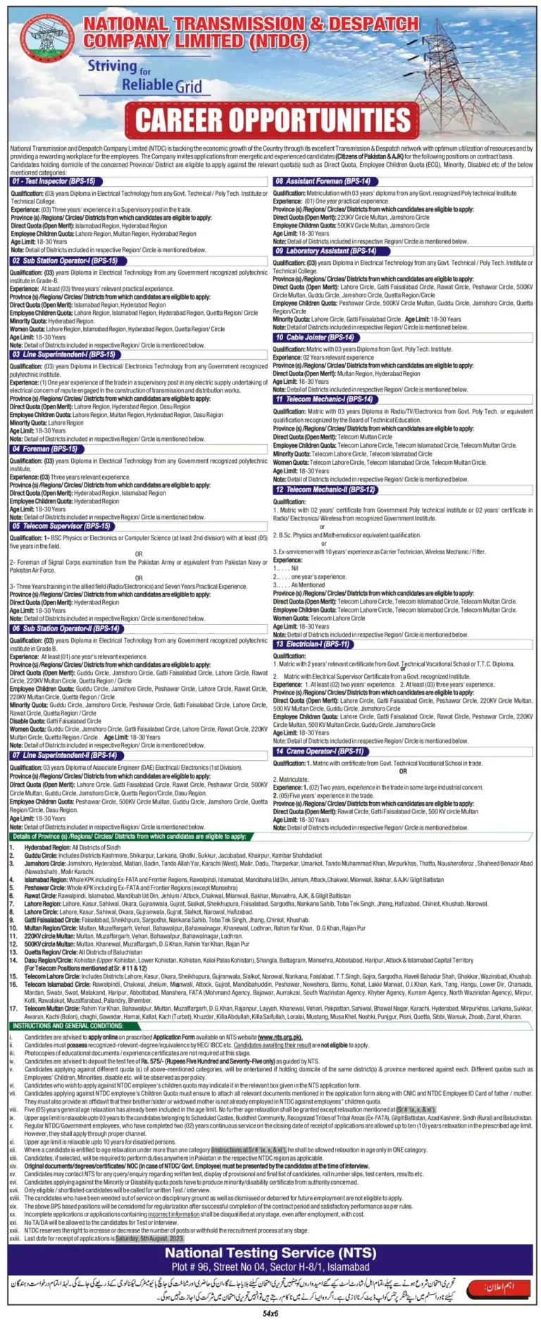 National Transmission and Dispatch Company (NTDC) Jobs 2023 | Apply Online