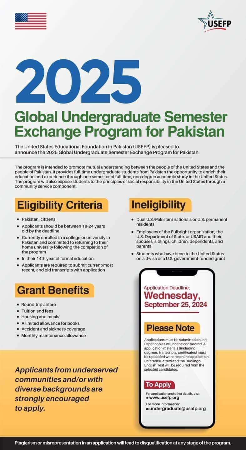 UGRAD Pakistan 2024-25 In USA | Undergraduate Exchange Program
