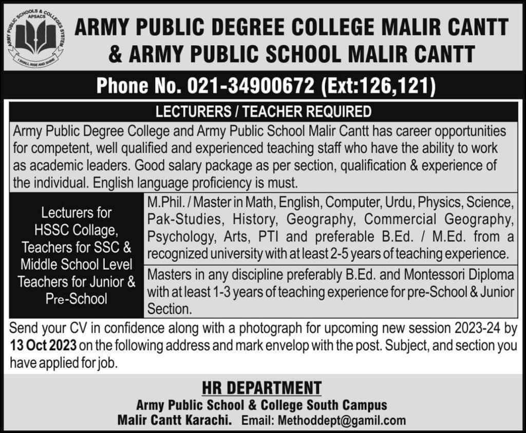 Army Public Degree College Jobs 2023 for Lecturers and Teachers