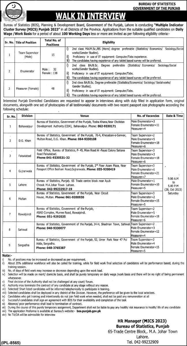 Punjab Bureau of Statistics (PBS) Jobs 2023 | Apply Online