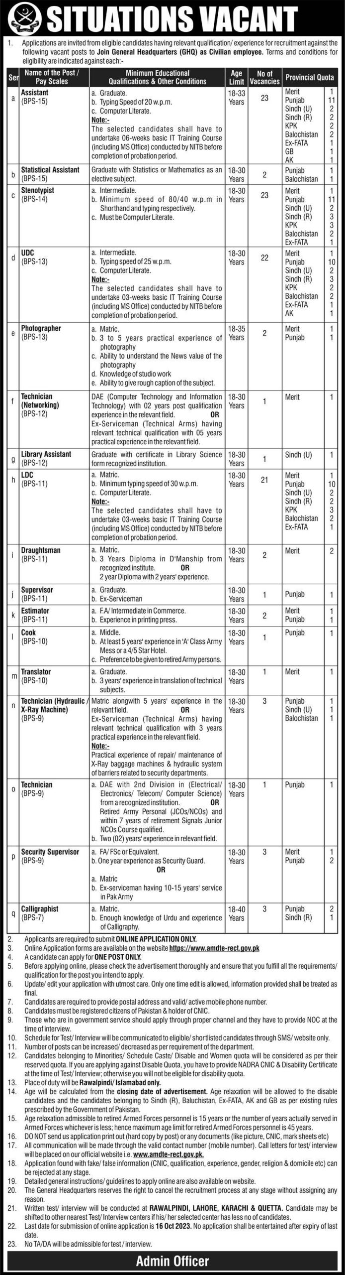 GHQ Jobs 2023 for Civilians in Rawalpindi | Apply Online