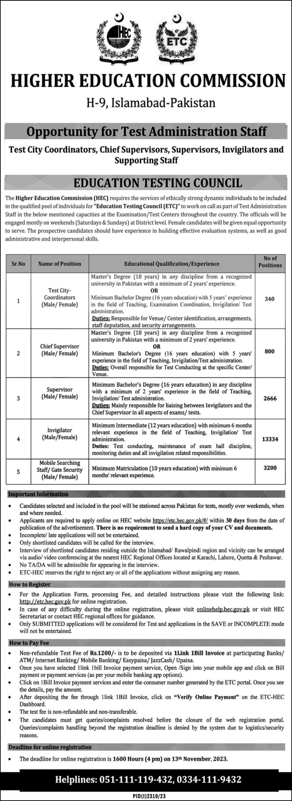 HEC Invigilator Staff Jobs 2023 in the Education Testing Council (ETC)