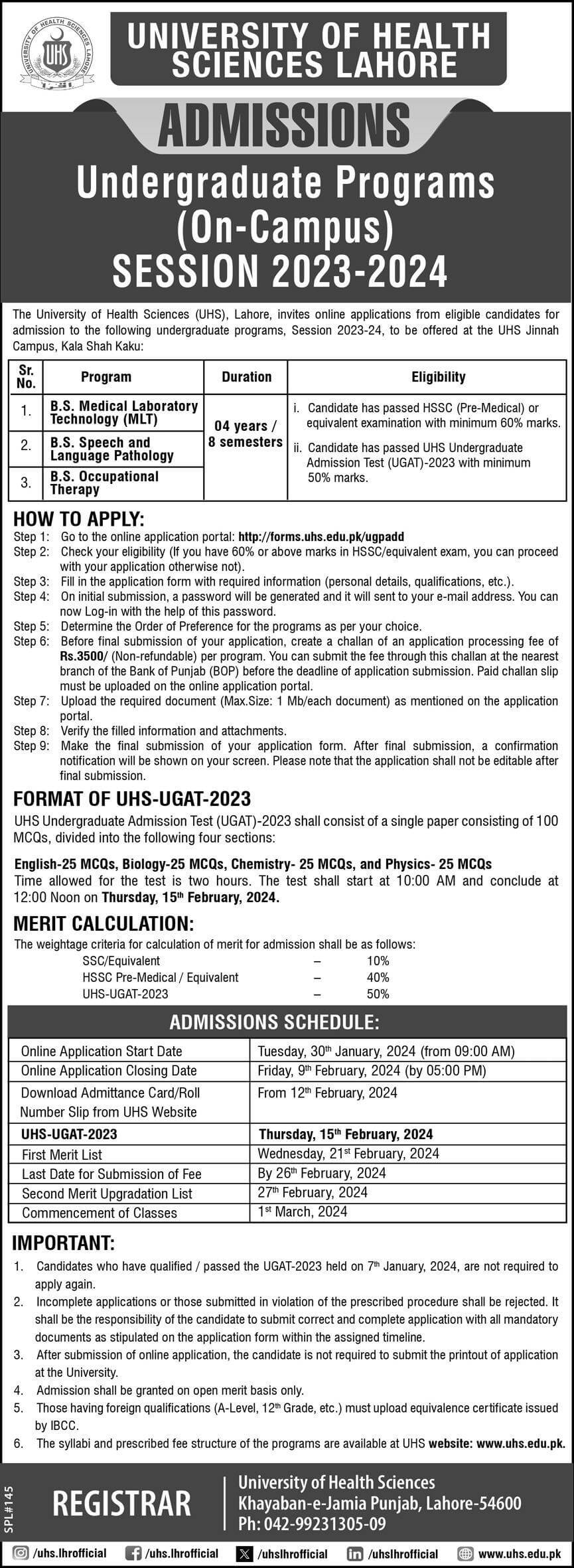 University of Health Sciences Undergraduate Admissions 2024 In Lahore